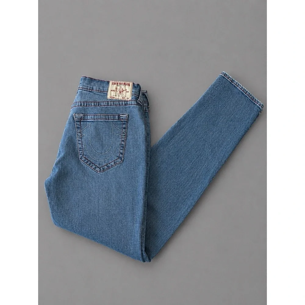 True Religion‎ Geno Relaxed Slim Men's Jeans Blue Denim Size 36x32 Red Stitching